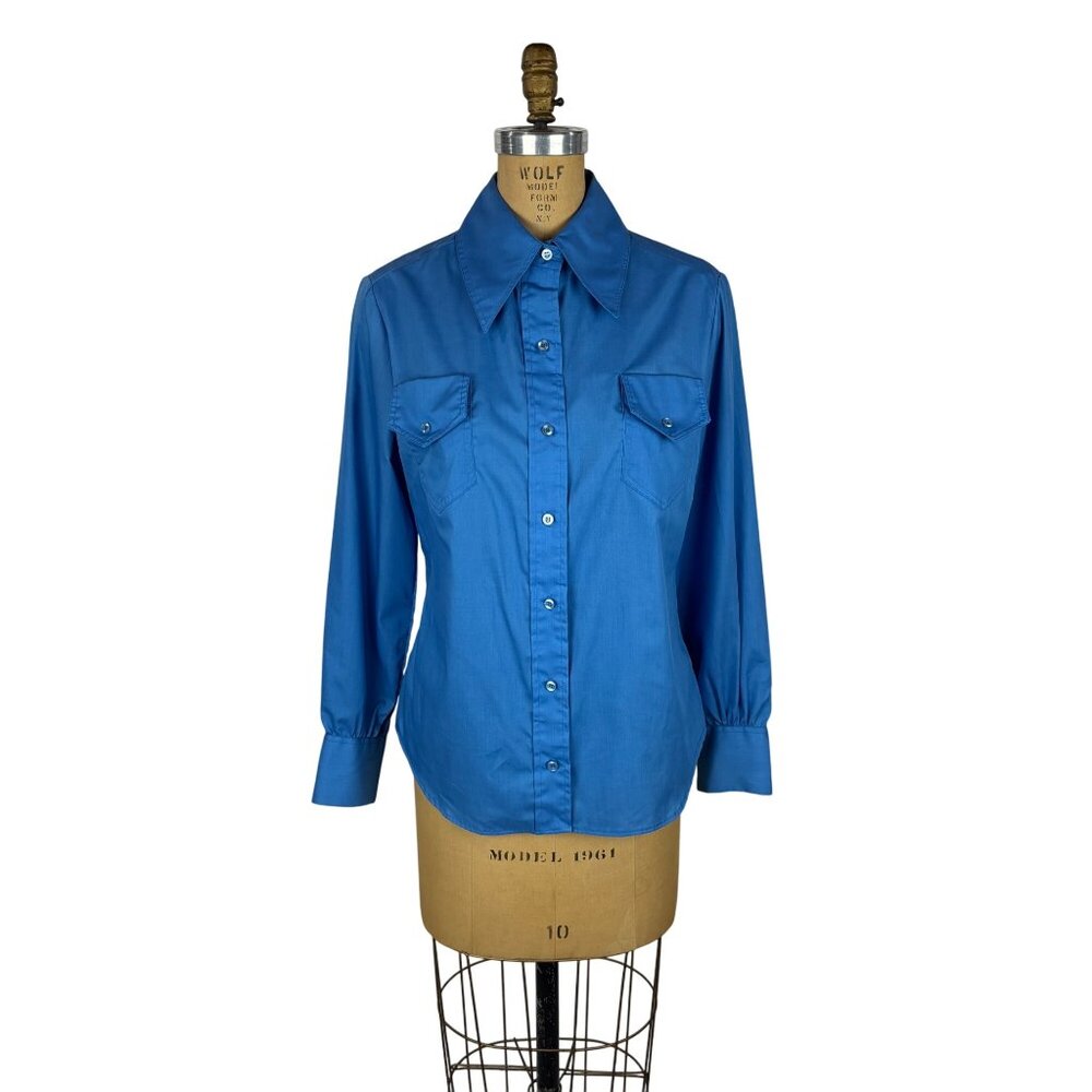 Vintage 70s Button Down Shirt Womens Medium Solid Blue Long Sleeve Top
